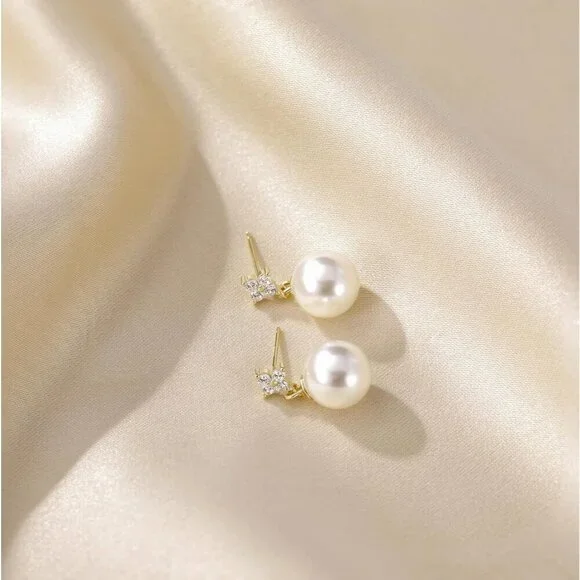 Mamelody 925 Silver Pearl Drop Earrings, CZ Studs, Gold Plated Bridal Jewelry - Picture 3 of 6